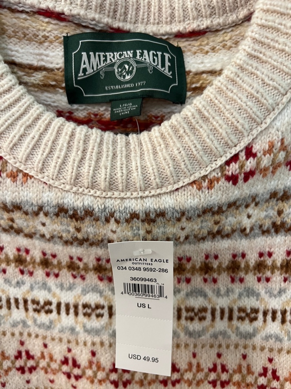 American Eagle Outfitters Cream Fair Isle Crew Sweater with Red and Tan Accents - Picture 2 of 5